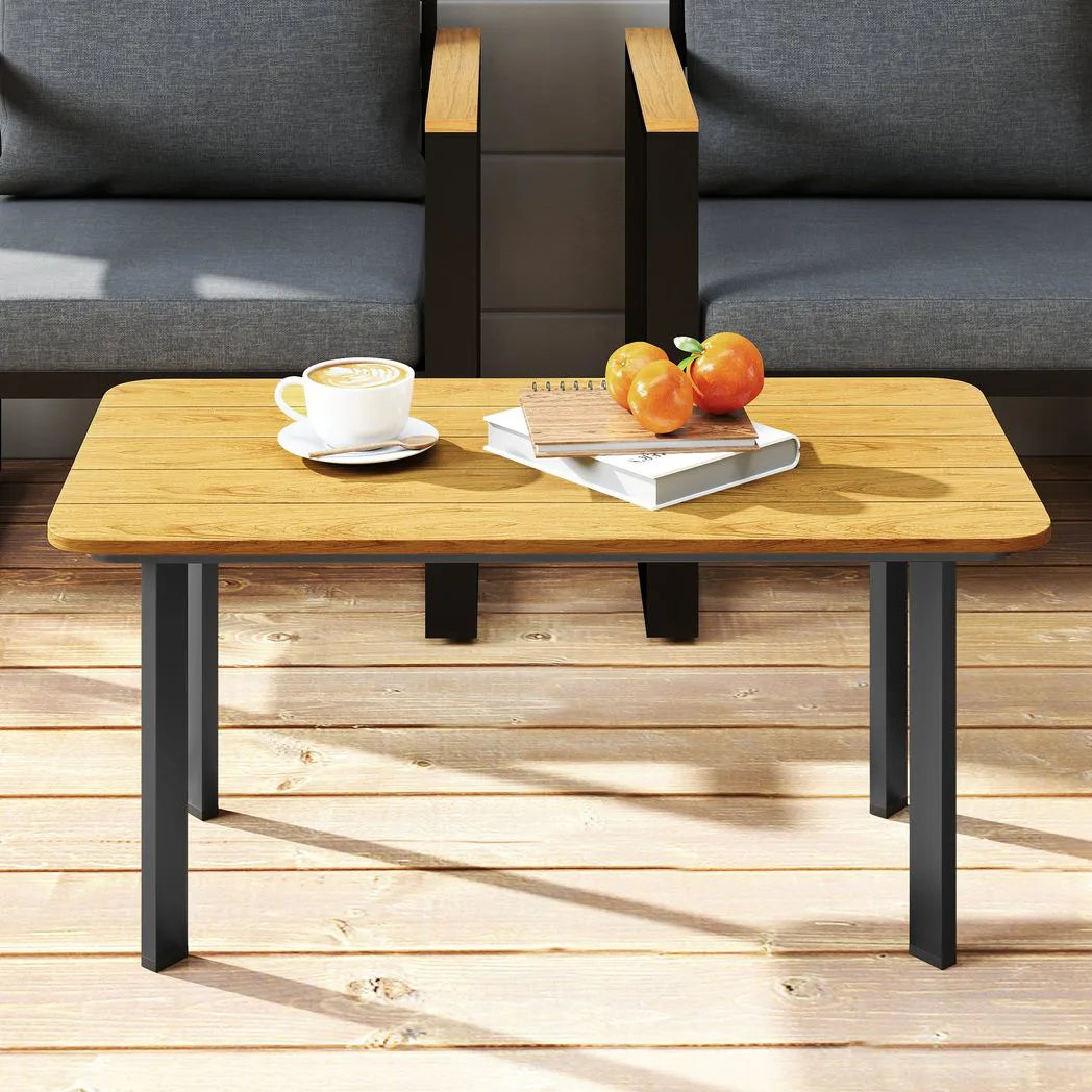 Outsunny Outdoor Garden Coffee Table – Slatted Wood-Plastic Composite Top with Metal Frame, 90 x 49cm, Brown