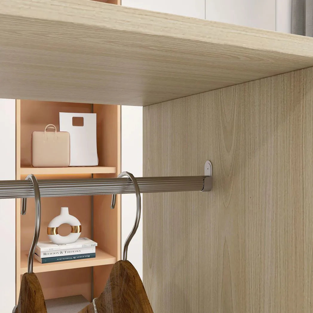 HOMCOM Mobile Open Wardrobe with Double Hanging Rails, 3 Shelves and 6 Wheels – Clothes Organiser, Natural