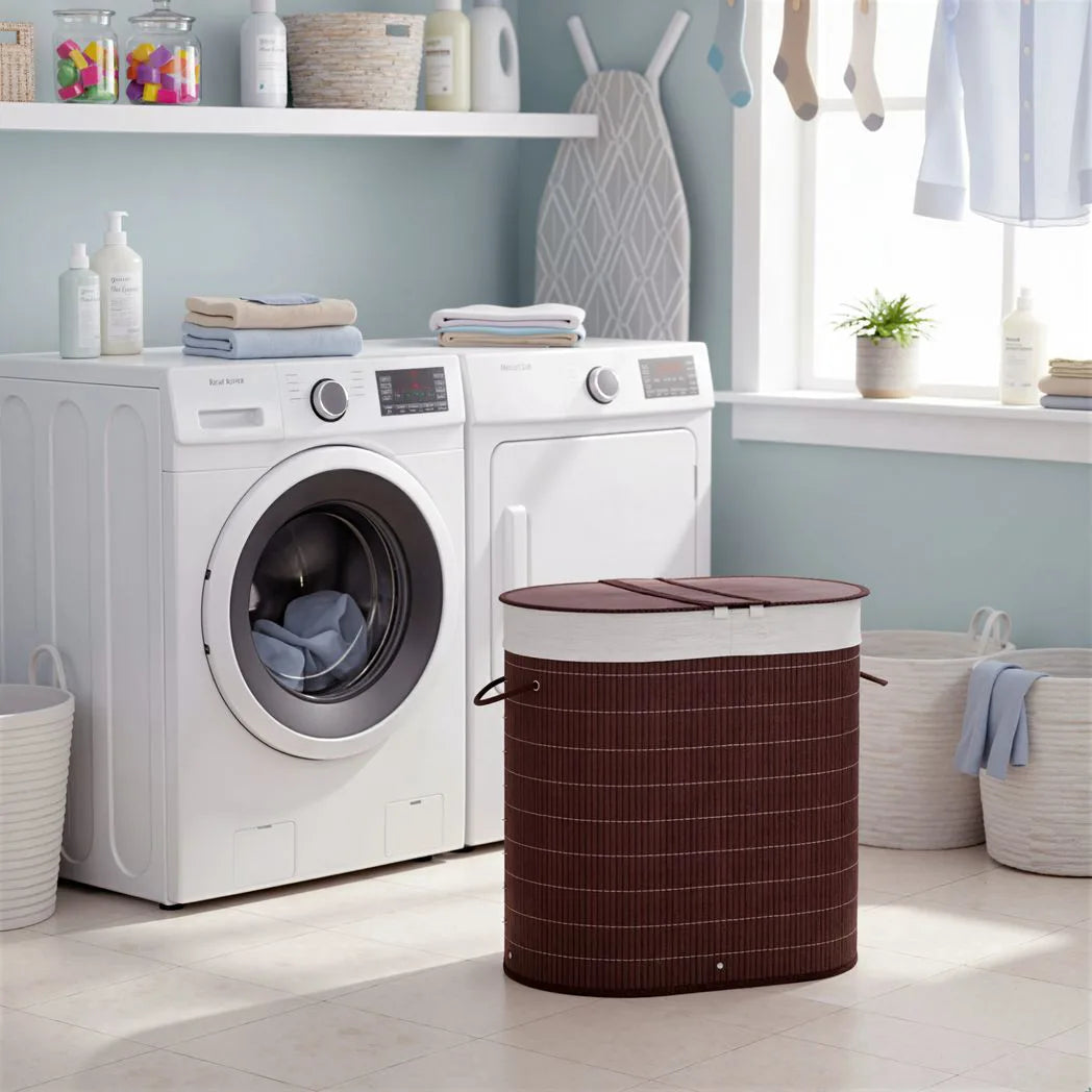 HOMCOM 100L Bamboo Laundry Basket with Lid, 2 Compartments & Removable Liner – Washing Hamper, Brown