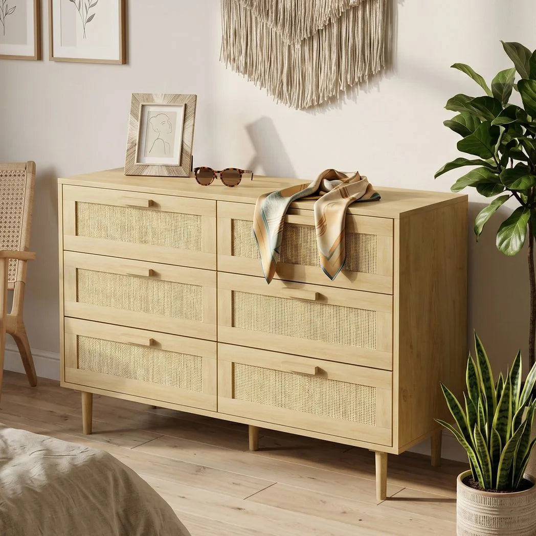 HOMCOM 6-Drawer Tall Chest of Drawers with Rattan Elements – Boho Bedroom and Living Room Storage Unit, Oak