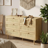 HOMCOM 6-Drawer Tall Chest of Drawers with Rattan Elements – Boho Bedroom and Living Room Storage Unit, Oak