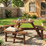 Outsunny 6 Seater Wooden Round Picnic Table with Matching Benches & Parasol Hole, Carbonised Finish