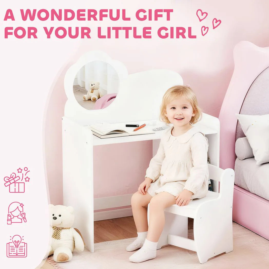 AIYAPLAY Kids Dressing Table with Mirror and Stool – 2-in-1 Vanity Table with Shelves for Ages 3-8, White
