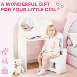 AIYAPLAY Kids Dressing Table with Mirror and Stool – 2-in-1 Vanity Table with Shelves for Ages 3-8, White