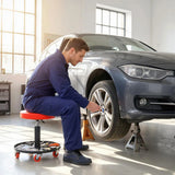 HOMCOM Rolling Mechanic Stool with Tool Tray and Wheels, Height Adjustable 38–48 cm – Workshop Seat, Orange