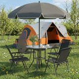 Outsunny 6 Piece Garden Dining Set for 4 with Parasol – Round Glass Table & Folding Mesh Chairs, Black