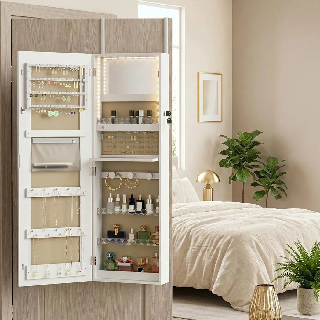 HOMCOM Wall Mounted LED Mirror Jewellery Cabinet, Full Length and Lockable – Over-Door Organiser, White