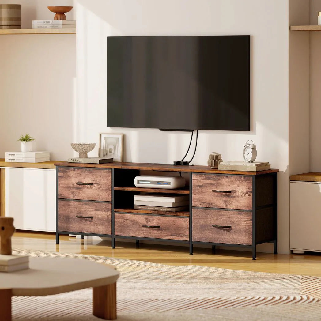 HOMCOM Industrial TV Stand with Charging Hub and 5 Fabric Drawers – Media Unit for 65 Inch TVs, Brown/Grey