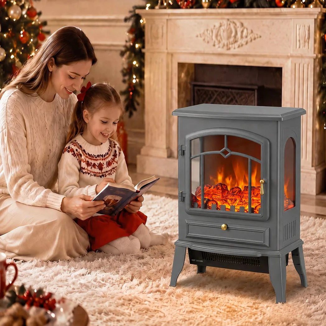 HOMCOM 1000/2000W Electric Fireplace Stove with 3D Flame Log and Thermostat – Freestanding Heater, Grey