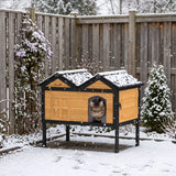 PawHut Wooden Outdoor Cat House with Asphalt Roof, Side Cleaning Door and PVC Curtain – Insulated Cat Shelter