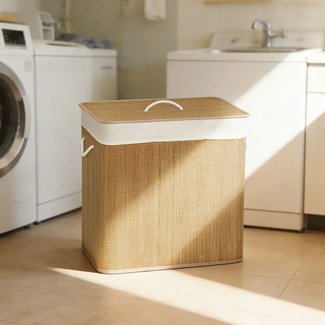 HOMCOM 144L Bamboo Laundry Basket with Lid, 3 Sections, Handles & Removable Washable Liner – Brown