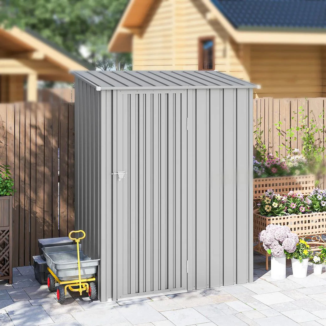 Outsunny 5ft x 3ft Metal Garden Storage Shed with Sloped Roof and Hinged Door – Galvanised Steel, Aluminium Grey
