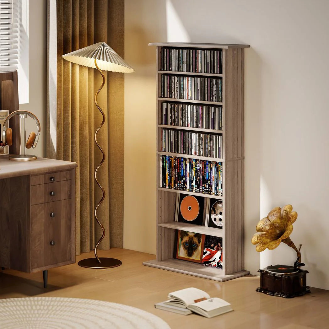HOMCOM CD and DVD Storage Tower with 6 Adjustable Shelves, Holds 360 CDs – Natural Wood Finish