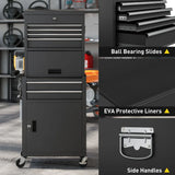 HOMCOM Three-Part Steel Locking Tool Chest with Wheels, 6 Drawers and Side Pegboard – Garage Storage, Black