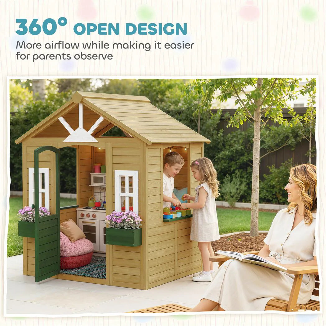 AIYAPLAY Kids Wooden Playhouse with Door, 3 Windows and 2 Flower Boxes – Garden Wendy House