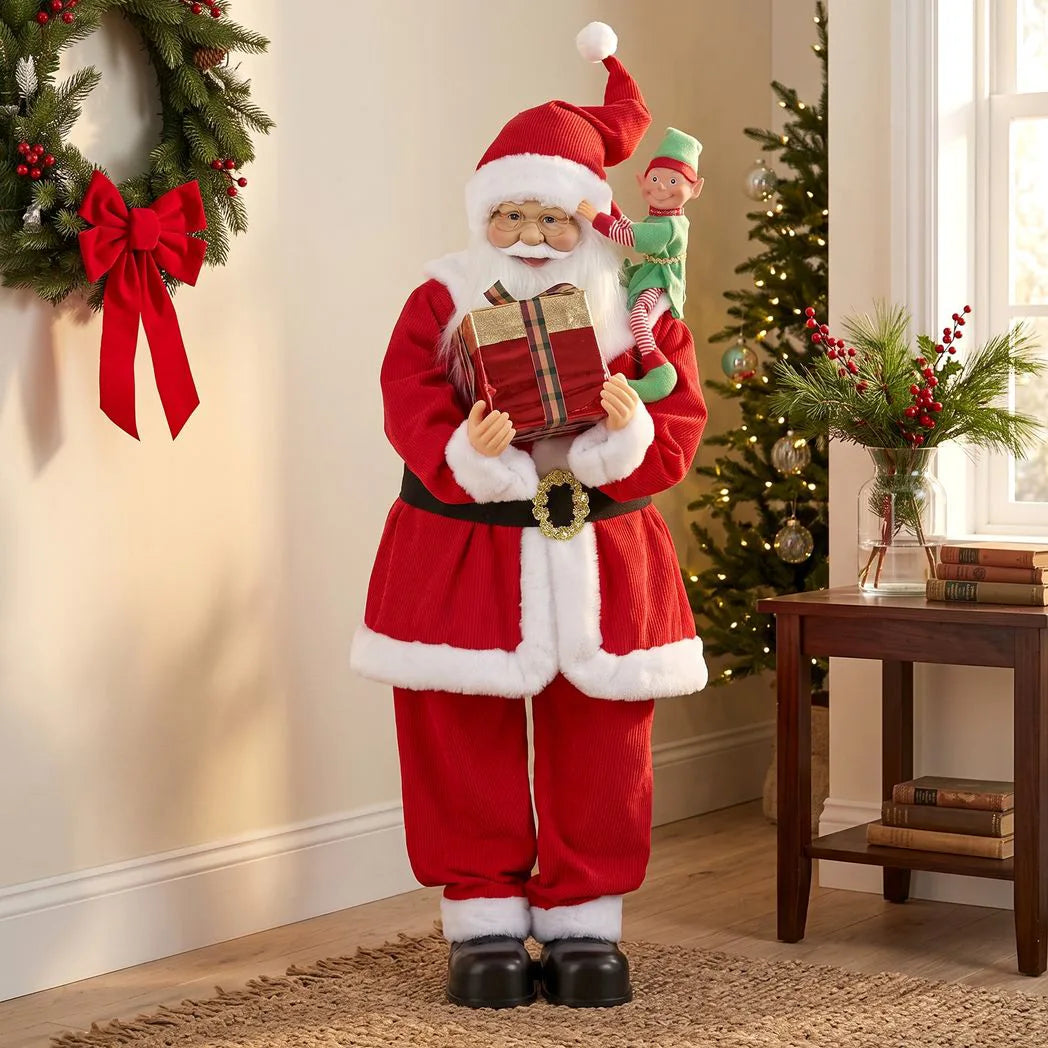 HOMCOM 4ft Singing Dancing Santa Claus with Elf and Gift Box – Animated Christmas Figure, Sound and Touch Activated