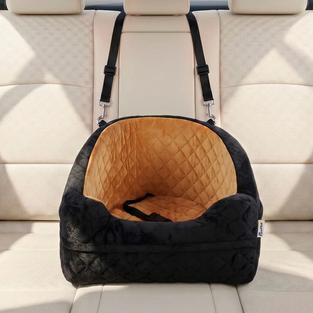 PawHut Dog Car Seat with Thick Cushion, Seat Belt and Side Pockets – Booster Bed for Dogs Under 10kg, Brown