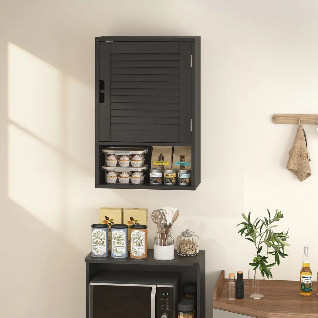 HOMCOM Wall Mounted Bathroom Cabinet with Adjustable Shelves – Louvred Door Storage, 40 x 20 x 60 cm, Black