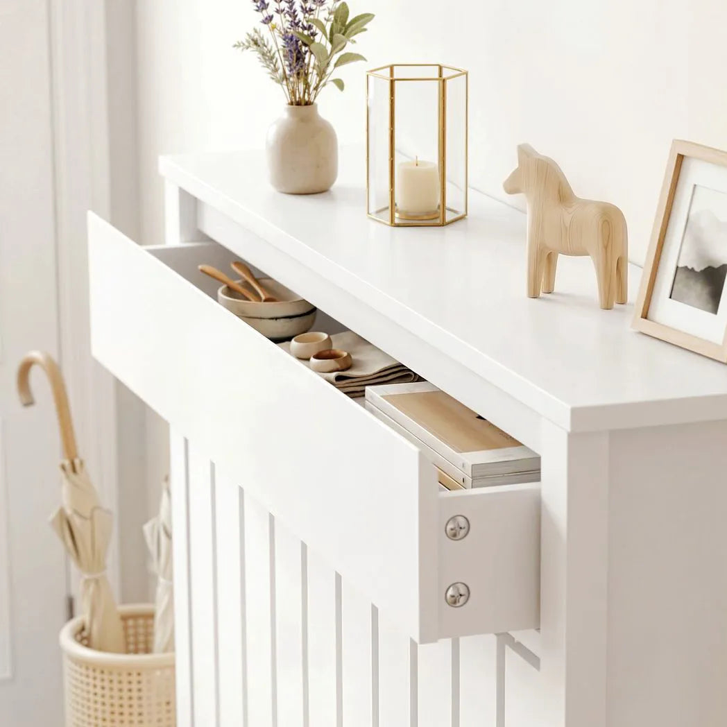HOMCOM Radiator Cover with Top Drawer, 93 x 88.5 cm Slimline Rustic-Look Heater Cabinet, White