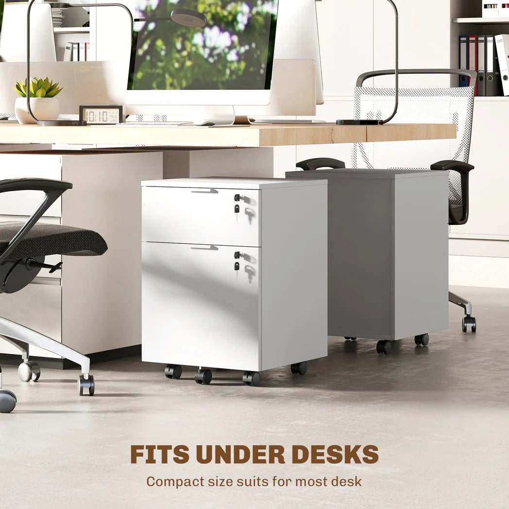 HOMCOM Two-Drawer Lockable Filing Cabinet on Wheels with Hanging Bars – Under Desk Office Storage, White