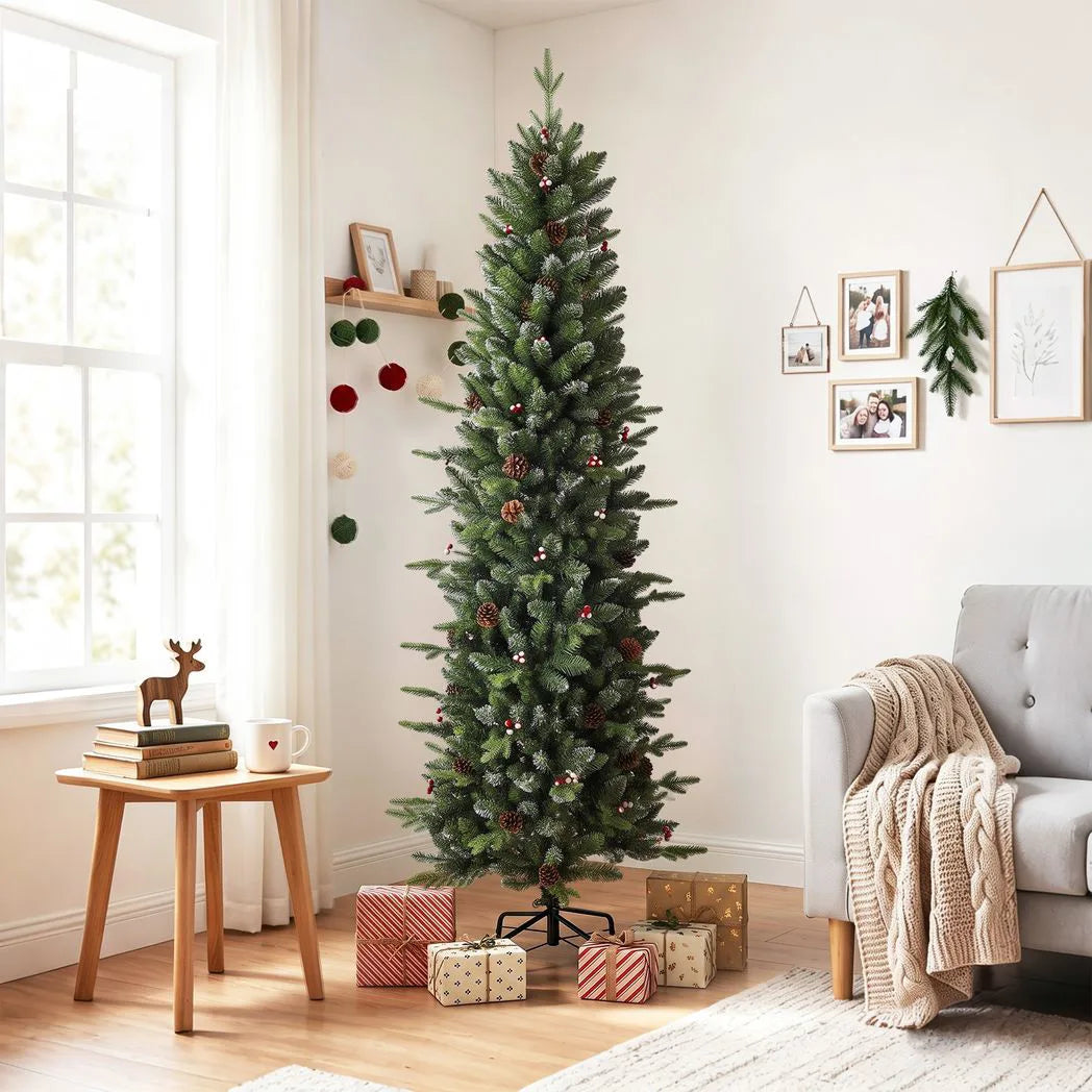 HOMCOM 7ft Slim Artificial Christmas Tree, Gracious Pine with 904 Tips, Pine Cones and Berries, Green