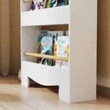 AIYAPLAY Kids 3-Tier Bookshelf with Bear Design, Anti-Tip Device and Guardrails – Children's Bookcase, White