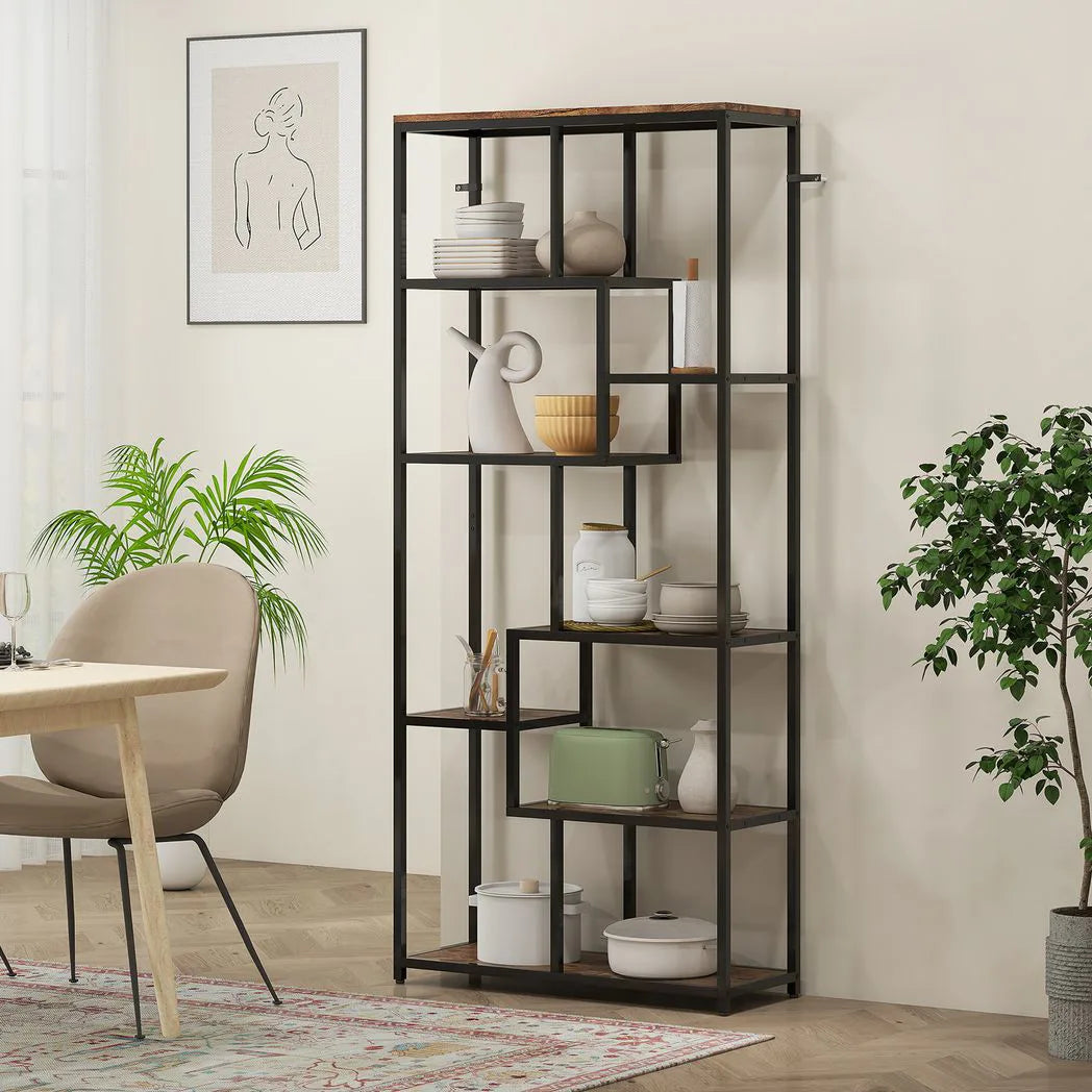 HOMCOM Seven-Tier Geometric Bookcase with Metal Frame & Anti-Tipping Straps – Asymmetrical Storage, Brown