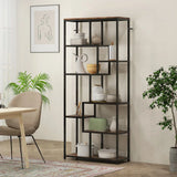 HOMCOM Seven-Tier Geometric Bookcase with Metal Frame & Anti-Tipping Straps – Asymmetrical Storage, Brown