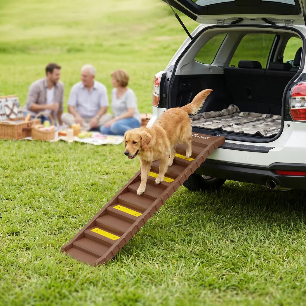 PawHut Dog Car Ramp with Anti-Slip Steps – 10-Step Foldable Pet Stairs for Cars and High Beds, Brown
