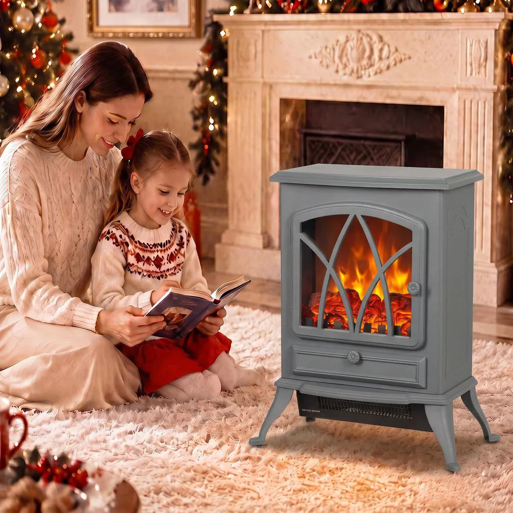 HOMCOM Vintage Electric Fireplace Stove, 1000W/2000W Freestanding with LED Flame and Thermostat – Grey