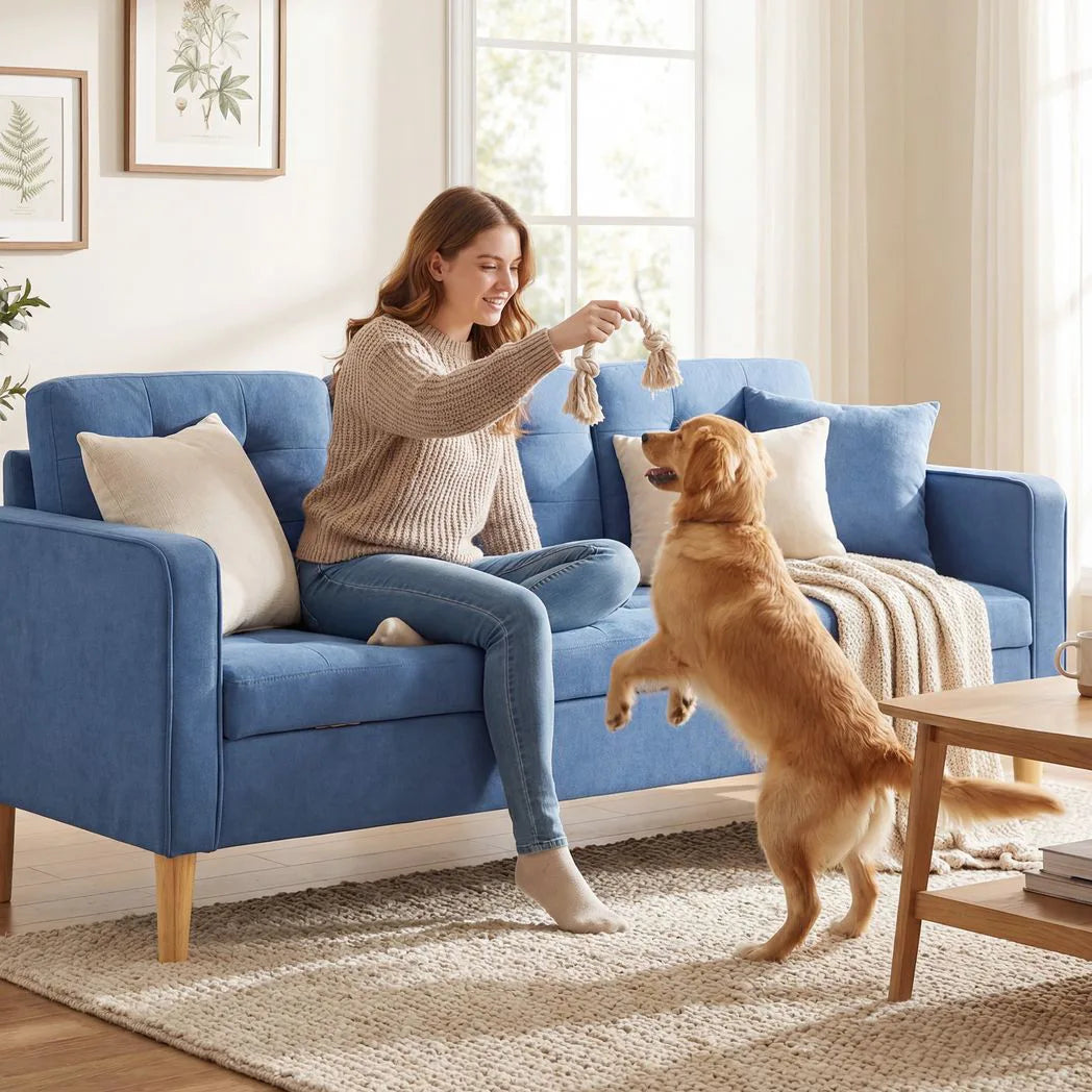 HOMCOM 3 Seater Sofa with Hidden Storage, Button Tufting and Wood Legs, 169 cm – Compact Couch, Blue