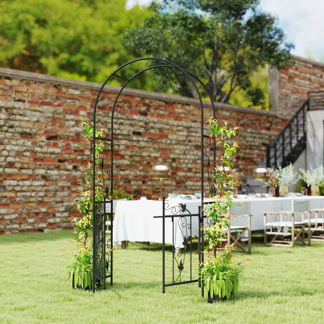 Outsunny 2.17m Steel Garden Arch with Gate – Wedding Arch Plant Support, 107 x 45 x 217cm, Black
