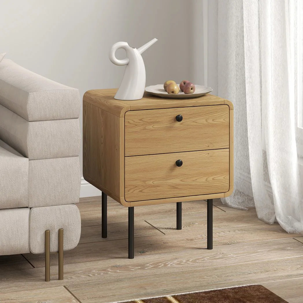 HOMCOM Bedside Table with 2 Drawers and Steel Legs – Rounded Nightstand for Bedroom and Living Room, Oak