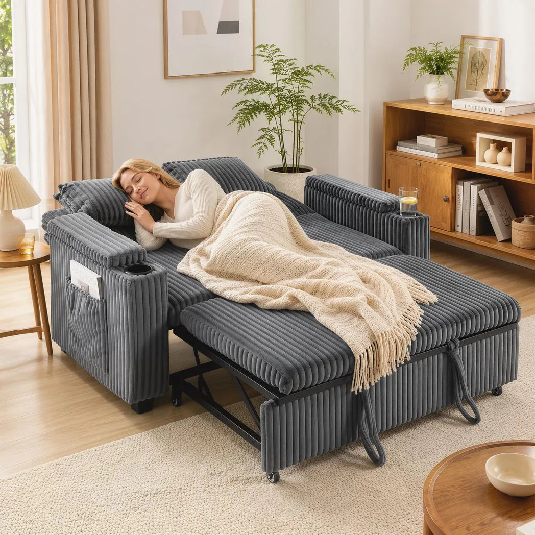 HOMCOM 2 Seater Sofa Bed with 5-Position Backrest, Storage Armrest and Cup Holders – Corduroy Sleeper, Dark Grey