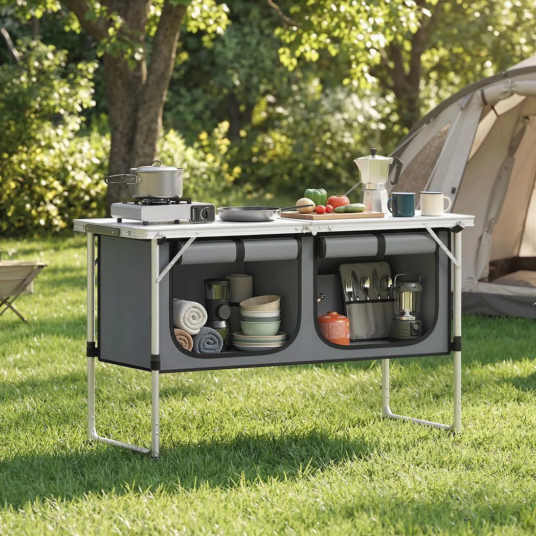 Outsunny Folding Aluminium Camping Kitchen with Storage Cupboard and 120cm Tabletop – Outdoor BBQ Unit