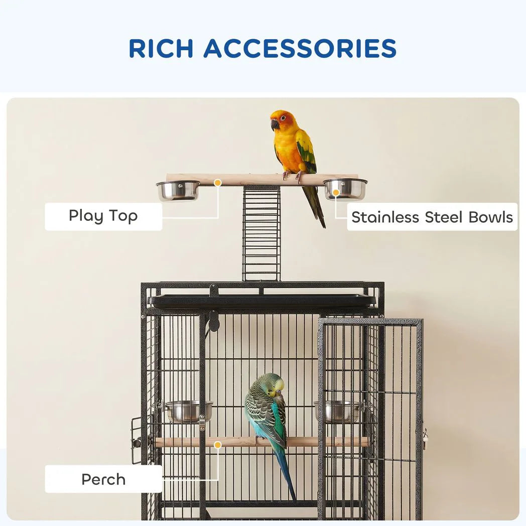 PawHut 156cm Parrot Cage with Open Play Top, Perches, Seed Guard & Wheels – Large Bird Cage, Dark Grey