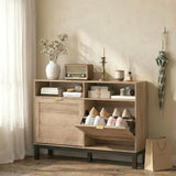 HOMCOM Narrow Shoe Cabinet with 2 Flip-Down Drawers & Open Shelves, Walnut Brown