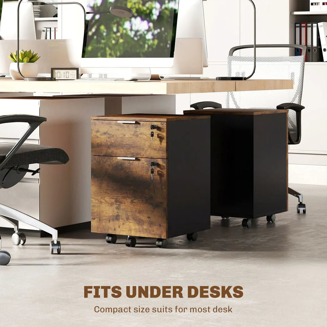 HOMCOM Two-Drawer Lockable Filing Cabinet on Wheels – Under Desk Office Storage, Black and Brown