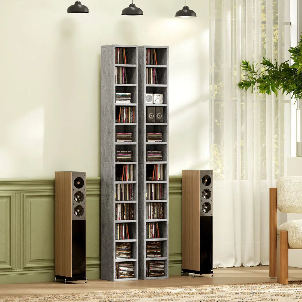 HOMCOM 204 CD Tall Narrow Media Storage Tower – 12-Tier Cube Display Shelf, Cement Grey