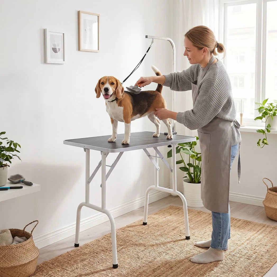 PawHut 32" Foldable Dog Grooming Table with Adjustable Arm & Non-Slip Rubber Top – Pet Drying Table, Black