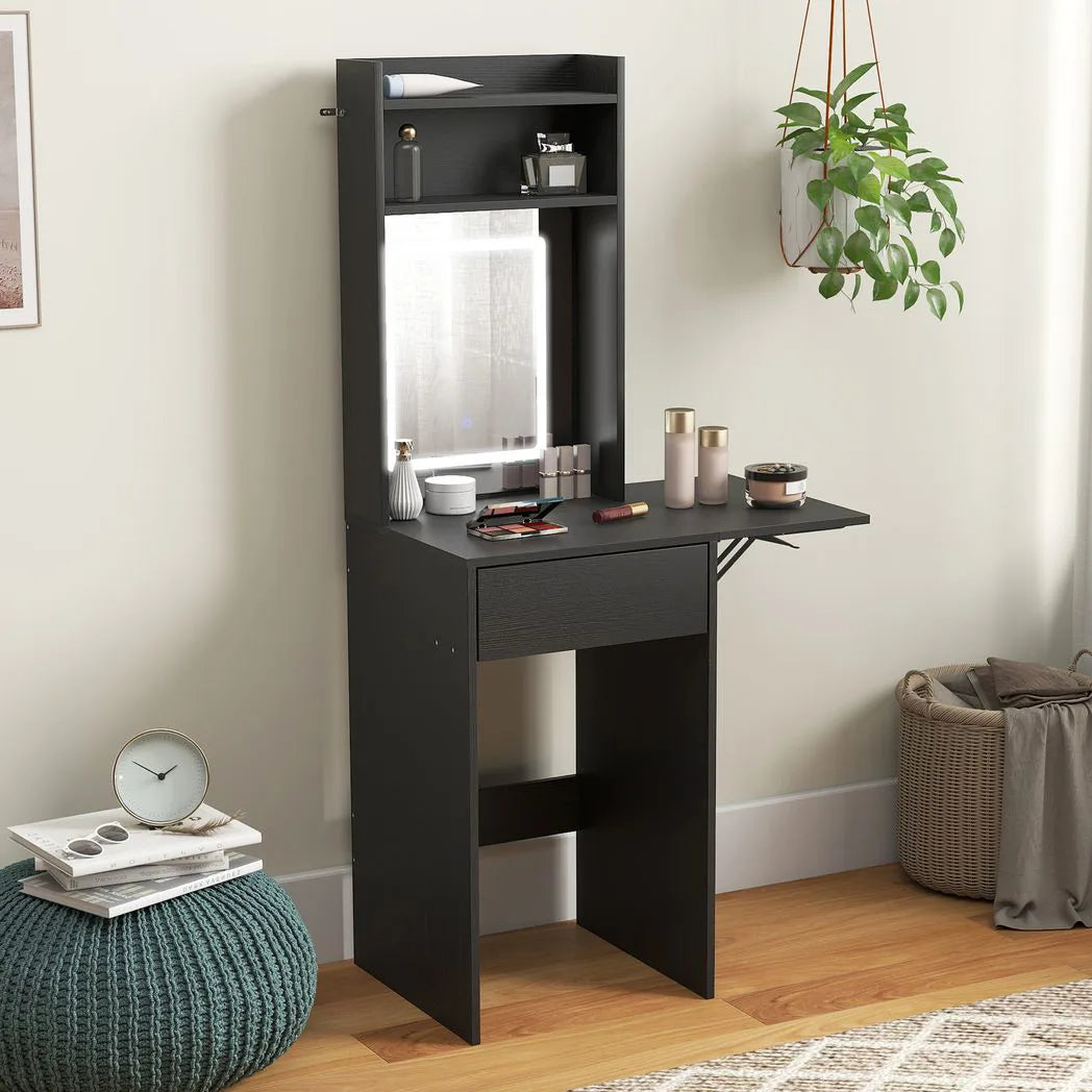 HOMCOM Small Vanity Desk with LED Mirror, Drop Leaf, Open Shelves and Drawer – Compact Dressing Table, Black