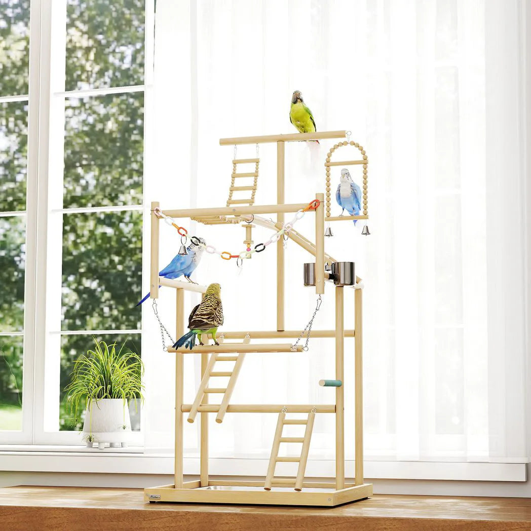 PawHut 95 cm Wooden Bird Playground with Ladders, Chain Toy and Steel Tray – Parrot Play Stand, Natural