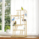 PawHut 95 cm Wooden Bird Playground with Ladders, Chain Toy and Steel Tray – Parrot Play Stand, Natural