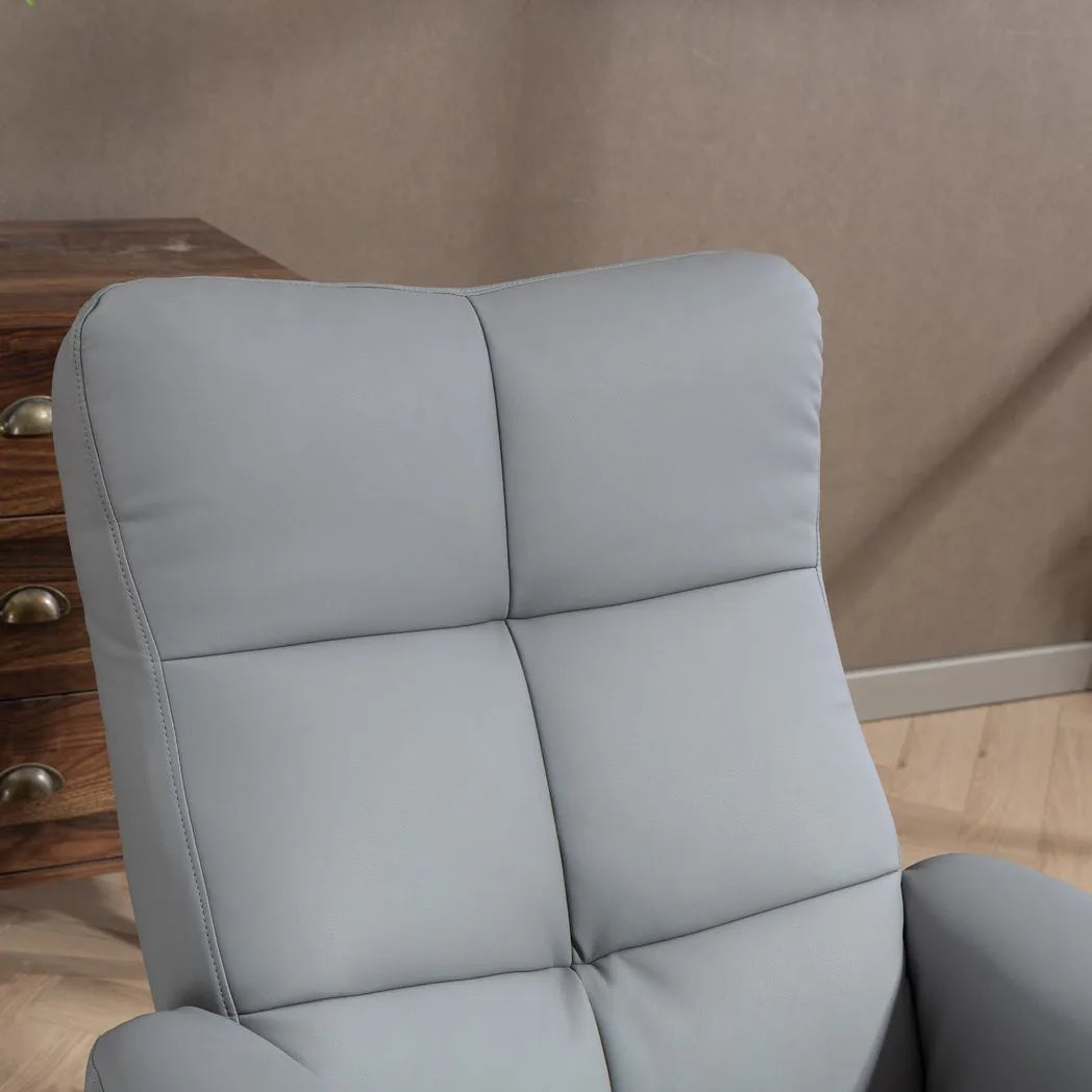 HOMCOM PU Leather Swivel Recliner Chair with Storage Footstool and Wooden Base – Living Room Armchair, Light Grey
