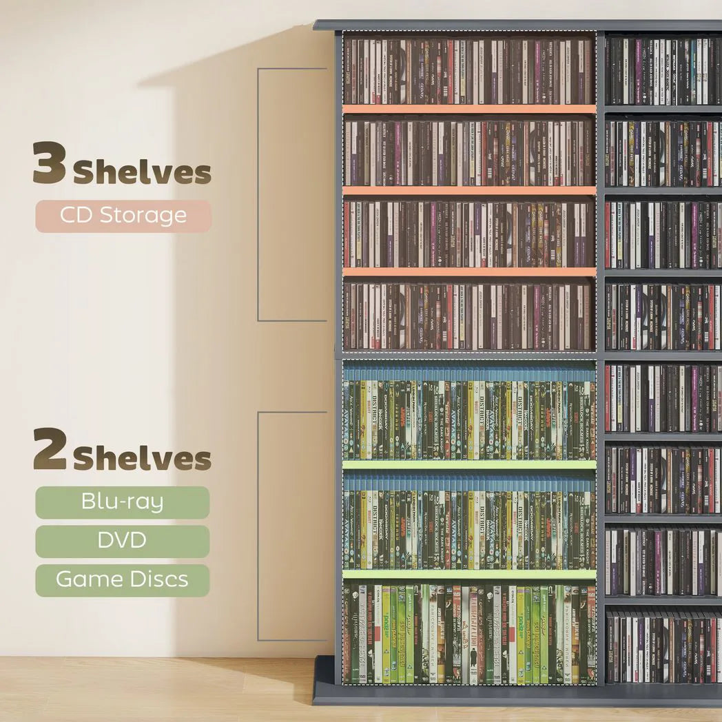 HOMCOM 16-Compartment Media Shelf with 12 Adjustable Shelves, Holds 720 CDs – CD and DVD Tower, Grey
