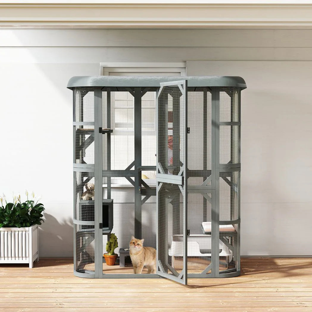PawHut Outdoor Catio Cat Enclosure with Platforms, Condo and Waterproof Cover – Wooden, Grey