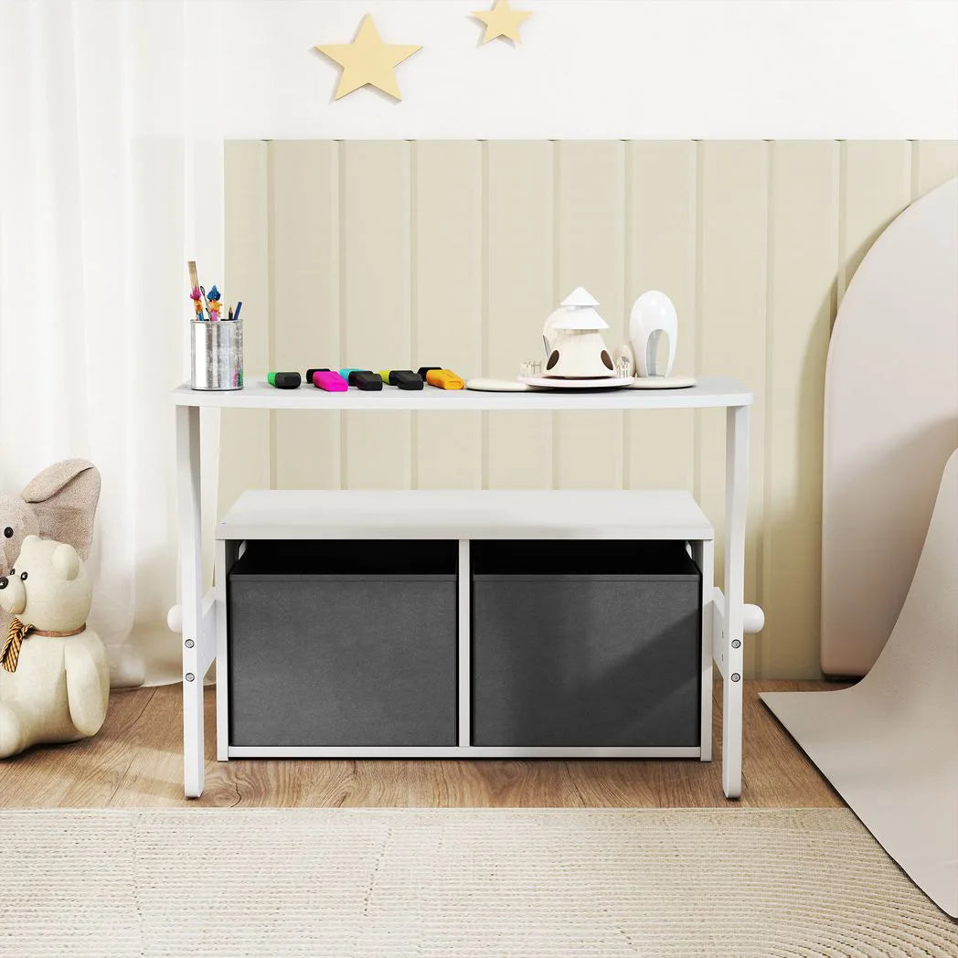 AIYAPLAY 3 in 1 Kids Storage Bench – Convertible Table and Chair Set with 2 Fabric Bins and Toy Box, White