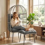 Outsunny Garden Egg Chair with Footstool, PE Rattan Indoor Outdoor Lounge Set with Thick Cushions – Light Grey