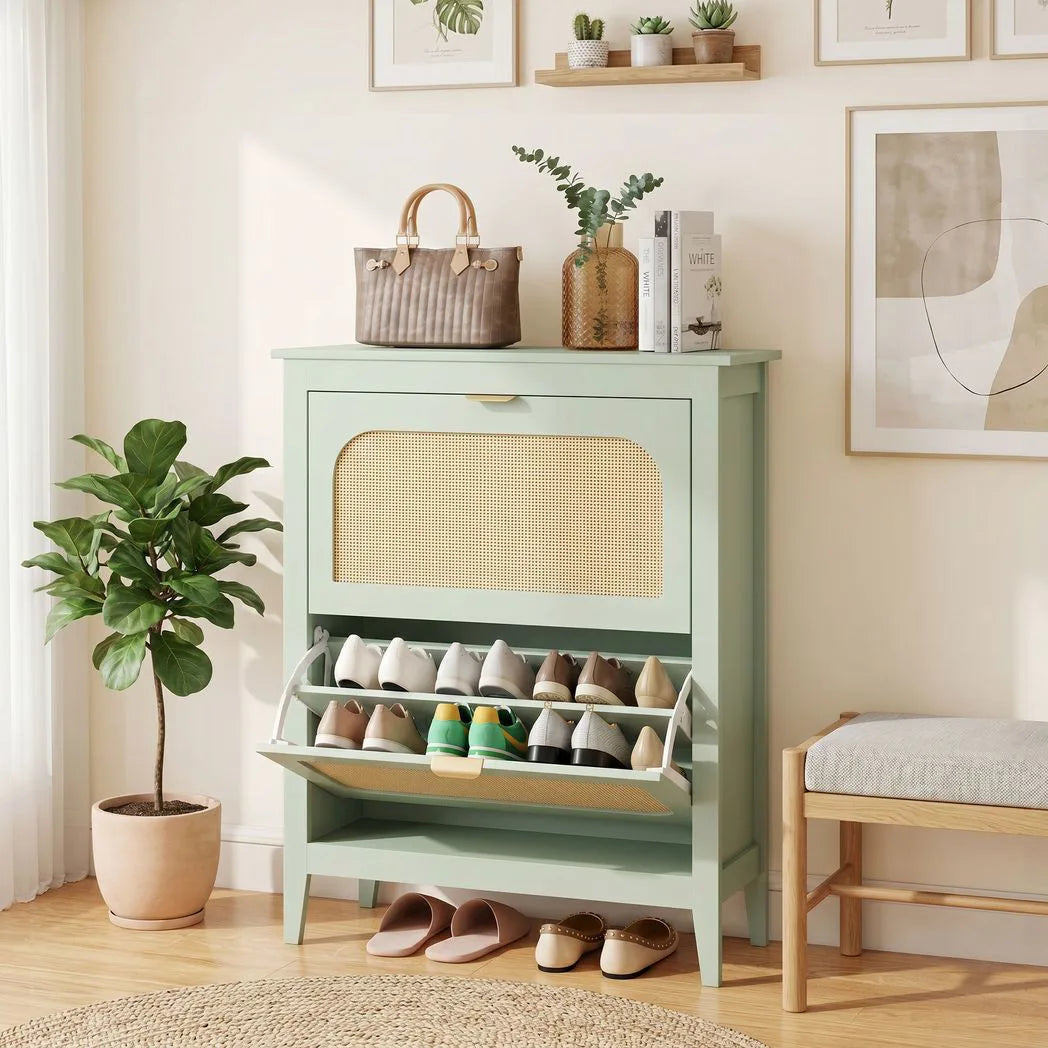HOMCOM Boho Slim Shoe Cabinet with 2 Flip Drawers and Rattan-Accent Doors – Holds 14 Pairs, Light Green