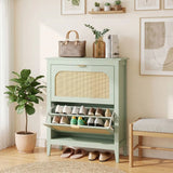 HOMCOM Boho Slim Shoe Cabinet with 2 Flip Drawers and Rattan-Accent Doors – Holds 14 Pairs, Light Green